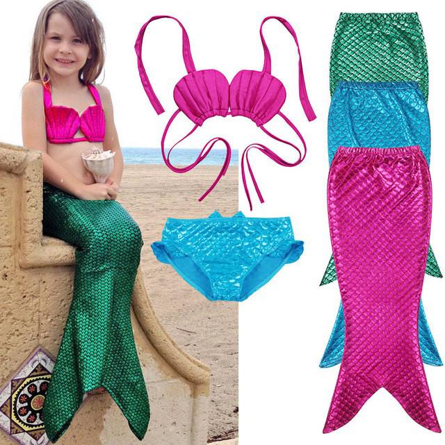 {now}3PCS Mermaid Ariel princess Cosplay costume Girl Kids Mermaid Tail Swimmable Bikini Set Bathing