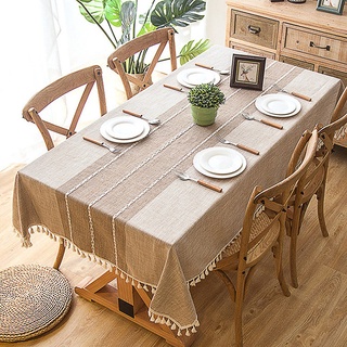 Cotton Linen Tablecloths, Wrinkle Free Anti-Fading Table Cloth, Tassel Rectangle Indoor & Outdoor Dining Table Cover