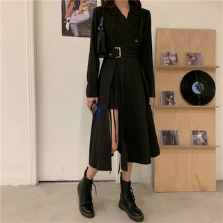 dress Autumn 2020 new black suit collar design sense niche long skirt waist slimming temperament dress goddess fan (7)