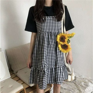 2 In 1 Jumper Skirt Checkered Dress Cotton Short Sleeves (9)