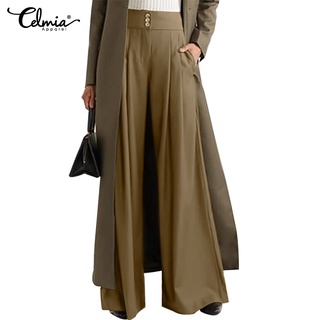 CELMIA Women Fashion High Waist Pleated Wide Leg Solid Casual Long Trousers