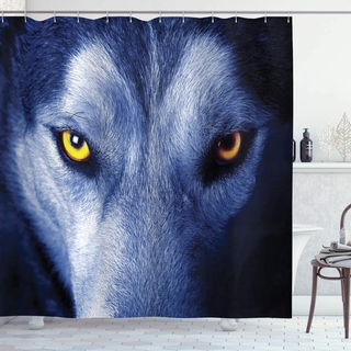 Wolf Shower Curtain, Wild Animal with an Angry Expression Woodland Fauna Themed Photography, Cloth Fabric Bathroom Decor Set 72x72inch Long, Blue Yellow