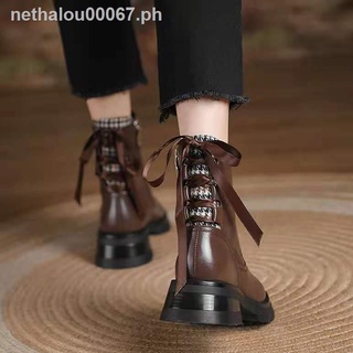Hot sale▣[Leather] British style short boots women 2021 autumn and winter new thick-heeled thick-soled thin boots Western style all-match single boots