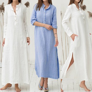 Women's Kaftan Cotton Long Sleeve Plain Casaul Oversized Maxi Long Shirt Dress