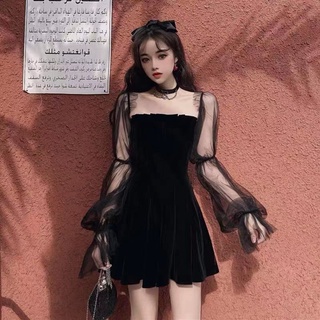 Hepburn Style Little Black Dress New Fairy Temperamental Date Disco Dress High Waist Mesh Long Sleeve Tube Top Pleated Dress (1)