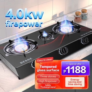 Three-burner gas stove, stainless steel body, tempered glass surface, electronic ignition, burner