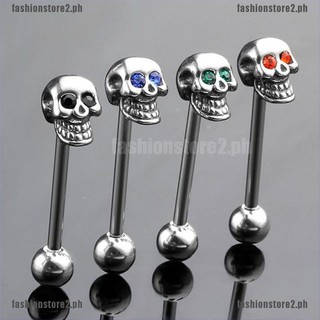 FS 14G Stainless Steel CZ Gem Skull Silvery Tongue Barbell Ring Bar Body Piercing[PH]