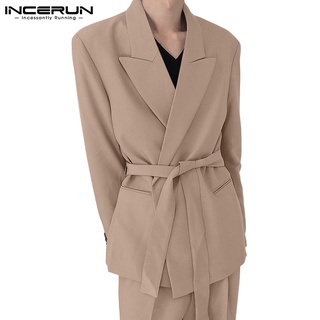 INCERUN Men Korean Style Fashion Long Sleeved Tie Belt Solid Color Lapel Collar Blazer (1)