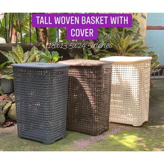 TALL PLASTIC WOVEN LAUNDRY BASKET with COVER