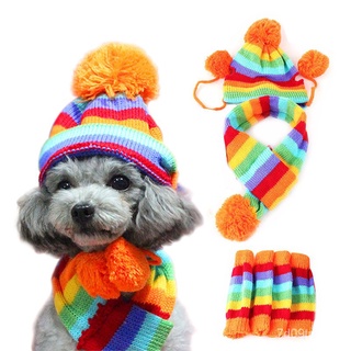 1 Set(hat+scarf+leg Warmers) Rainbow Stripe Knitted Dog Scarf Winter Warm Hat Footwear Sloves Pet Cl