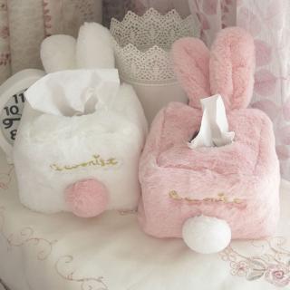 Pink Rabbit Plush Tissue Box Cover Rabbit Ears Fur Ball Car Home Living Room Tissue Box Decor