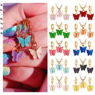 [AOER] Acrylic Butterfly Pendant Fresh Sweet Colorful Drop Earrings + Necklace Jewelry Set For Women Fashion Accessories