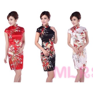 MS Women Chinese Short Sleeve Cheongsam Traditional Silk Satin Dress Flower Printed Short Dresses &