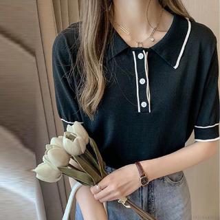 ღ【Cod】❦ Women's Sweet Polo Collar Ice Silk Shirt Short Sleeve T-Shirt Loose Top Bottoming Shirt (2)