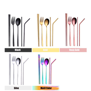 7pcs Metal Straw Spoon Fork Chopsticks 304 Food Stainless Steel Reusable Dinnerware Tablewear Tools (2)
