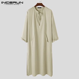 INCERUN Men Cotton V-neck Long Sleeve Robes Vintage Muslim Arab Islamic Jubah