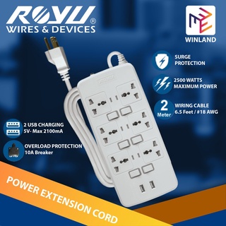 ROYU 6 Socket Power Extension Cord Wire 2M with Individual Switches & 2 USB Ports REDEC726 *WINLAND*