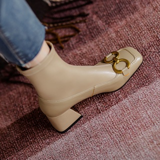 2021 New Style Soft Leather Martin Boots Metal Buckle Chunky-Heel French Semi-high Heeled Solid Color Boots Square Head Short Boots Thin Boots Women39s