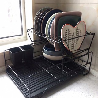 2 Layer Iron Double-layer NORDIC STYLE Black White Dish Drain Rack Home Kitchen Tableware Organizer