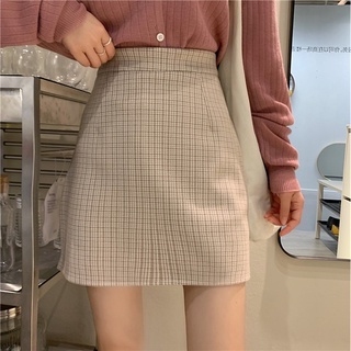 Check Korean Slim High Waist A-line Skirt All-match Zip Skirt