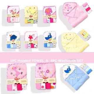 Little Angels Newborn Baby Infant Terry Cotton Hooded Towel with 4 Washcloths