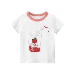 2-8-year-old pure cotton children's clothing KIDS girl baby summer white cute cartoon cup pattern loose round neck Short Sleeve T-Shirt Top