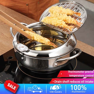 [Spot + COD] Japanese style 304 stainless steel 24CM deep fryer pot with thermometer tempura fryer