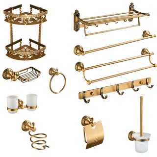Antique Brass Bathroom Accessories Set Shelf Towel Bar Cup Holders Hairdryer Rack Tissue Holder Roll