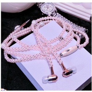 Pearl Necklace Earphone 3.5mm In-Ear Headset Pink Rhinestone Necklace Jewelry Beads Earphones With Mic For Brithday Girls Gifts