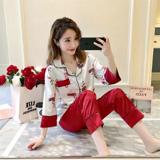 【READY STOCK】Silk like pajamas Red Flamingo girl Japanese and Korean Lapel cardigan thin new style