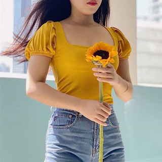 Kily.PH Pleated Puff Sleeve Square Neck Crop Top 6A0078