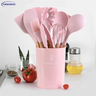 RE Silicone Kitchen Cooking Utensils Natural Wood Handle Cooking Tools Turner Tongs Spatula Spoon
