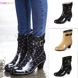 Spring/Autumn High-heeled Ankle Shoes Women Fashion Rain Boots Women Waterproof High Rainboots Slip