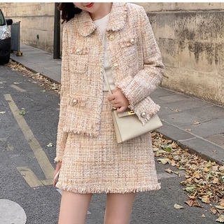 Two-piece suit small fragrant wind tweed jacket female autumn pink skirt+European and American fashion -Limited time sale -BF (4)