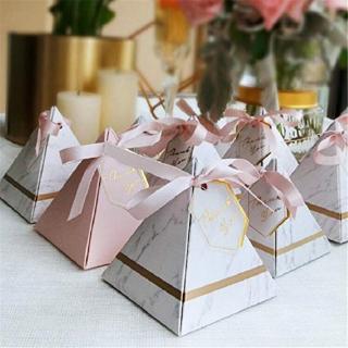 50Pcs Europe Triangular Pyramid Style Candy Box Wedding Party Paper Gift Boxes with Ribbon