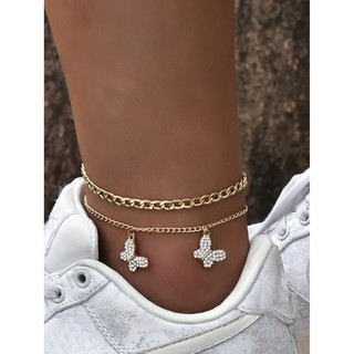 XUYU 2PCS Cuban Link Chain Butterfly pendant Rhinestone anklet Hip Hop fashion foot bracelet Jewelry Gift