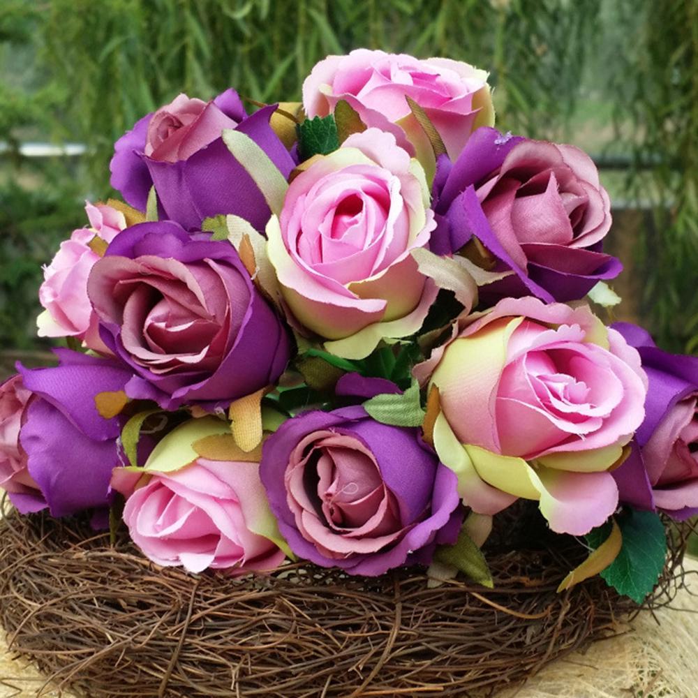 12pcs/ Purple Silk Rose Flower Bouquet Artificial Flowers Wedding Bridal Bouquets Home Decoration Artificial Flowers