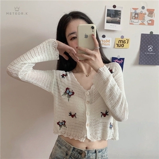 Long-sleeved top slim slimming butterfly embroidery short sunscreen knitted cardigan top women's clothing