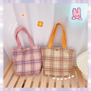 ［I want to eat］Korean version of ins girl lattice handbag female small bag new wild student hand-carried canvas bag mobile phone bag