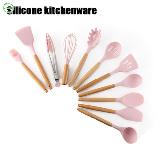 Pink Color Silicone Kitchen Cooking Utensils Natural Wood Handle Cooking Tools