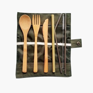 Straws set 8in1 camping set Portable Bamboo Cutlery Travel Eco-friendly Fork Spoon Straw Set W/Pouch