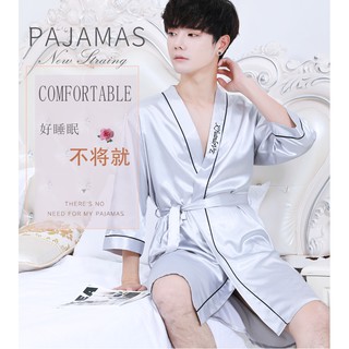 SleepwearSummer Men's Robes Ice Silk Pajamas Long Sleeve Bathrobe Thin Silk Homewear Short Sleeve Ne