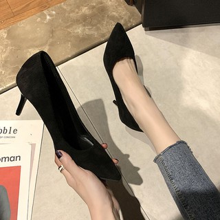 【Ready Stock】Pointed high heels black stiletto mid-heeled women s single shoes shallow mouth sued
