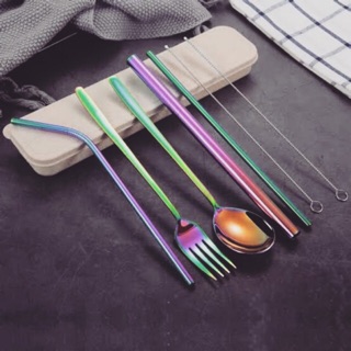 6pcs stainless metal spoon and fork with straws set