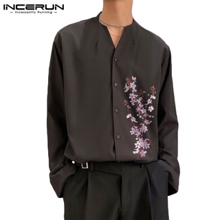 INCERUN Men Casual Fashion Floral Printing Long Sleeve Button Down Loose Shirt
