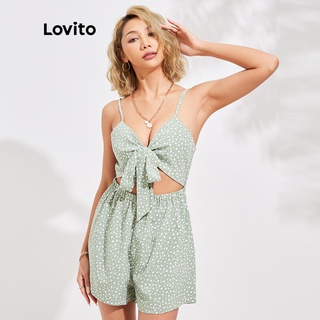 Lovito Plain Lace Up Basic Knot Straps Elastic Waist Vintage Jumpsuit L16D040(Green)