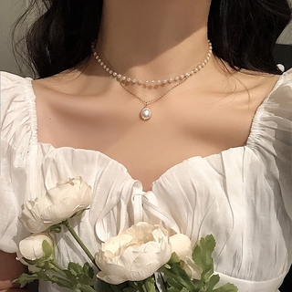 Women Fashion Retro Pearl Metal Korean Style Lock Necklace Multilayer Pendant Gold Chain Choker Jewelry Accessories