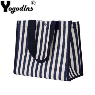 Yogodlns Casual Striped Canvas Tote Bag Large Capacity Women Shoulder Bag