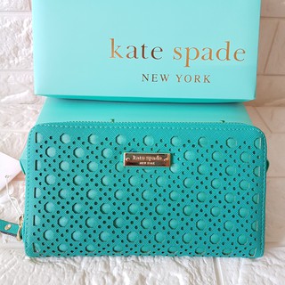 Kate Spade Classic Leather Zip Around Wallet - Teal Newburry Lane Caning Circles Perforated