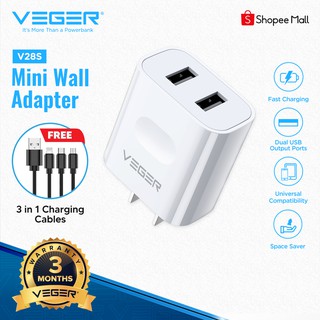 Veger Dual USB Port Fast Charging Wall Adapter V28S with FREE 3 in 1 USB Cables for Android & IOS